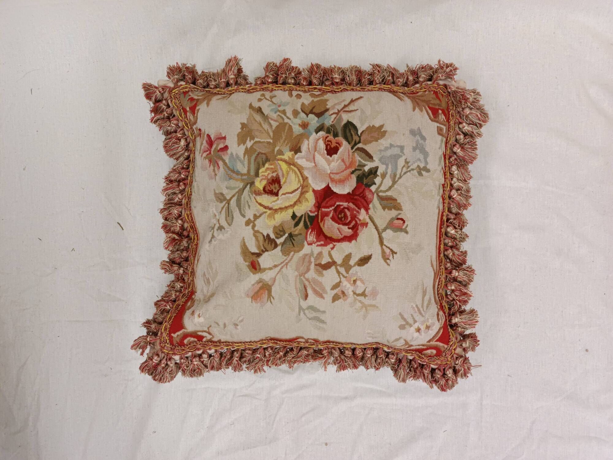 French Style Aubusson Floral Tapestry Cushion, Rose Bouquet & Tassel Fringe