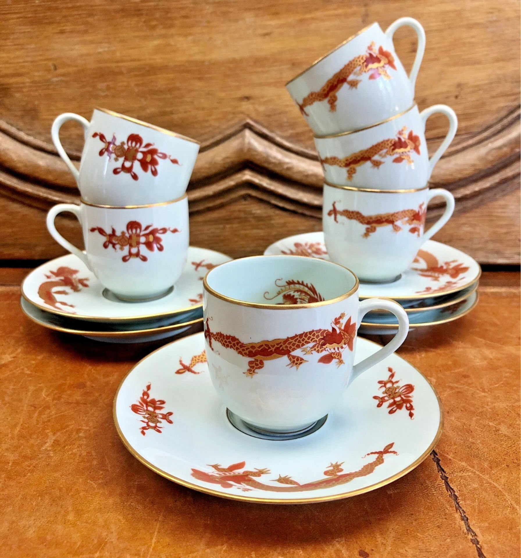 Service of 6 porcelain coffee cups Raynaud Limoges celadon green dragon