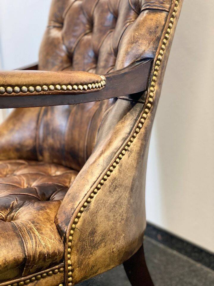 Antique Chesterfield Wing Chair with Stool and English Side Table