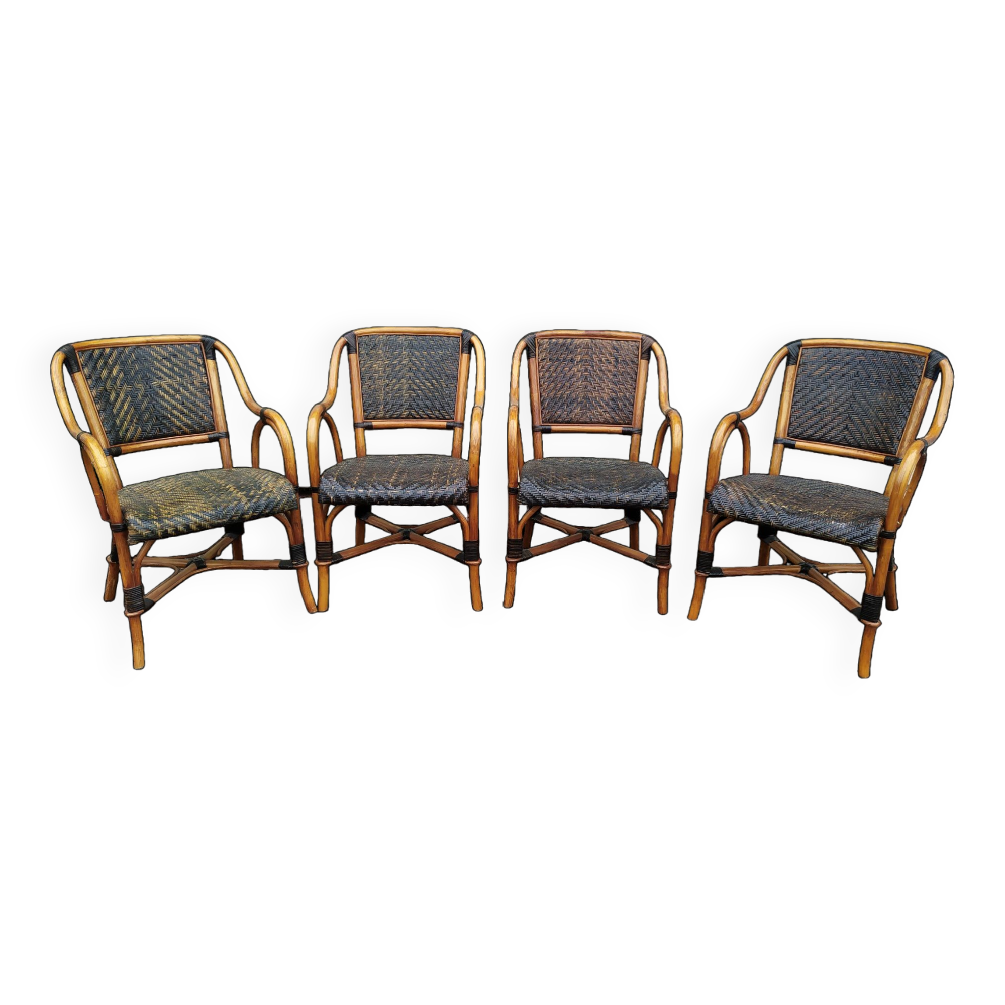 4 Fauteuil Boho chic 2 tons en Rotin, café bistro Vintage