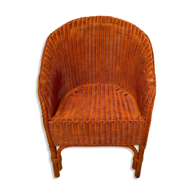 Fauteuil ''Tonneau'' Vintage en Osier Tressé - Années 70