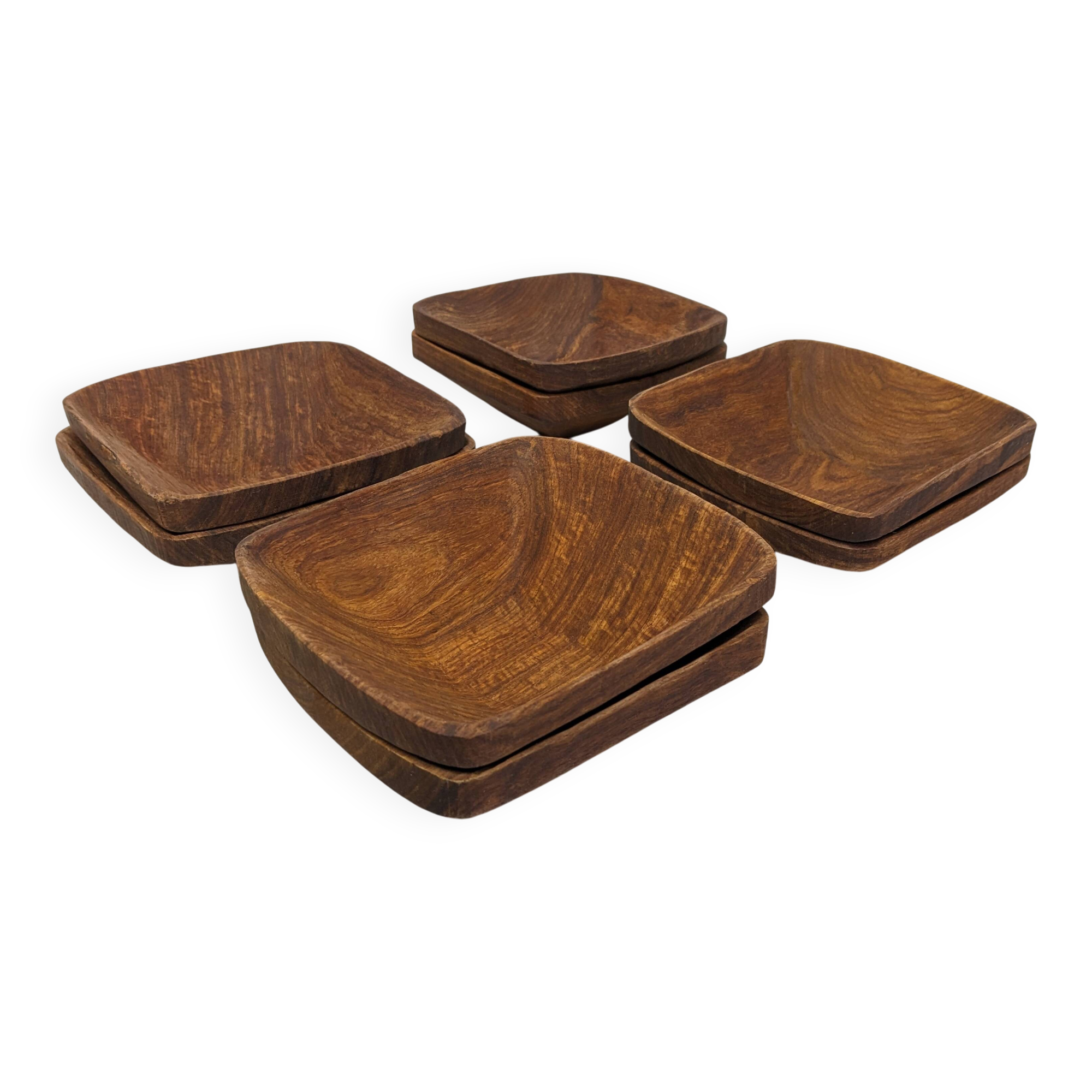 Set of 8 Scandinavian olive wood ramekins, France circa 1960.