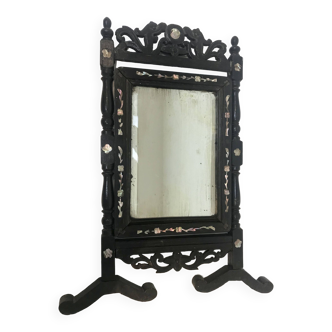 Antique carved wood and mother-of-pearl psyche mirror