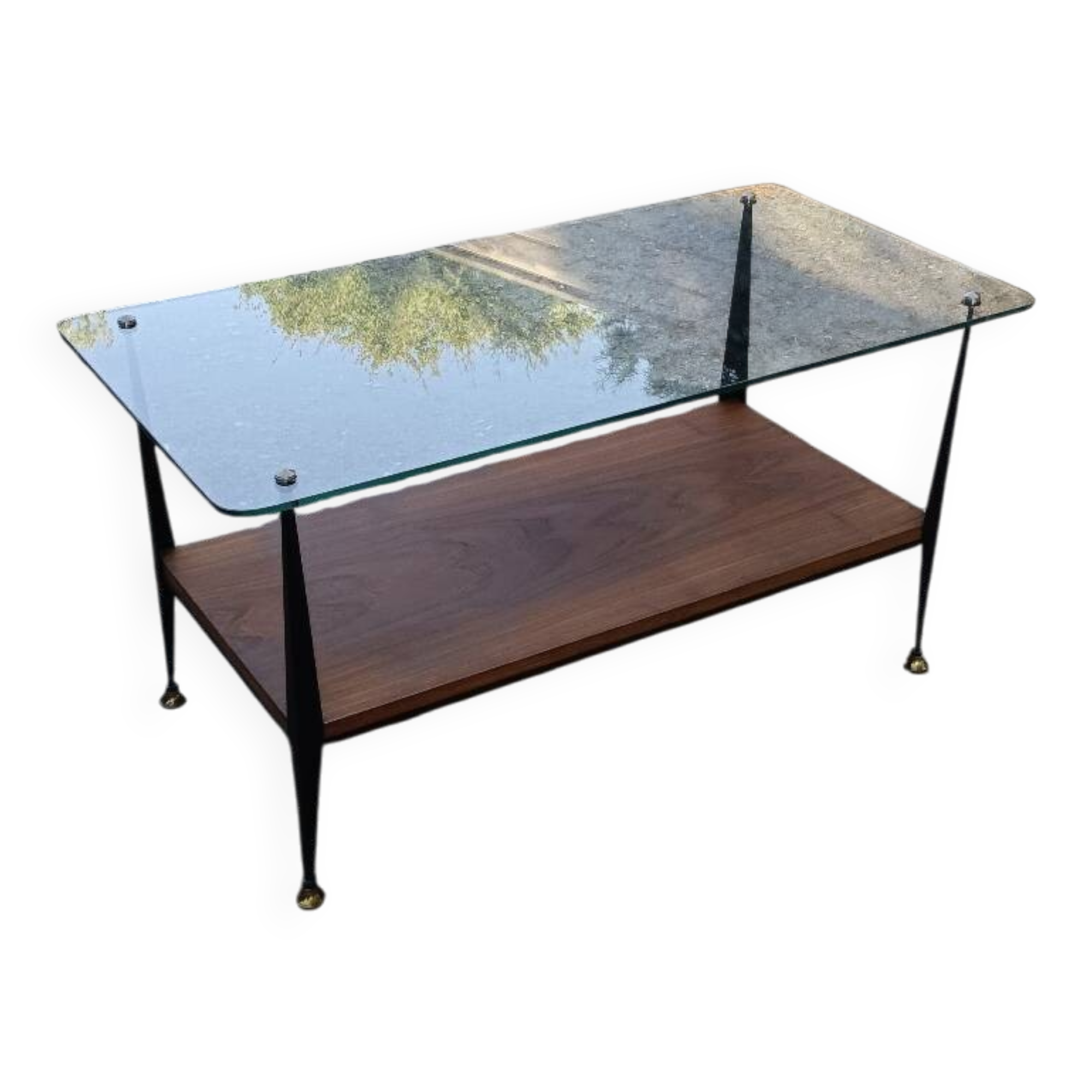 Coffee table in glass, wood and steel, mid-20th century.