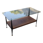 Table basse en verre, bois et acier, milieu XXe