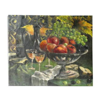 Painting, oil on canvas, still life, fruit cut
