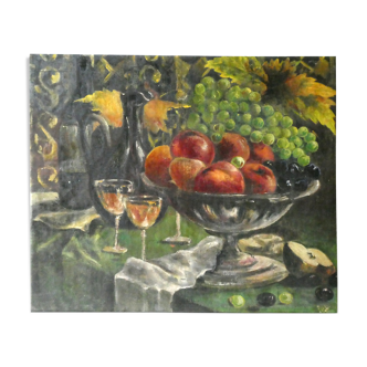 Tableau, huile sur toile, nature morte, coupe de fruits