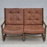 1970s, Scandinavian 2 seater sofa, original very good condition, bamboo, leather.
