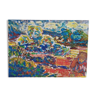 Gouache - 24 x 32 cm -paysage et personnage - 1978, Pierre Lacroux (1909-1993)