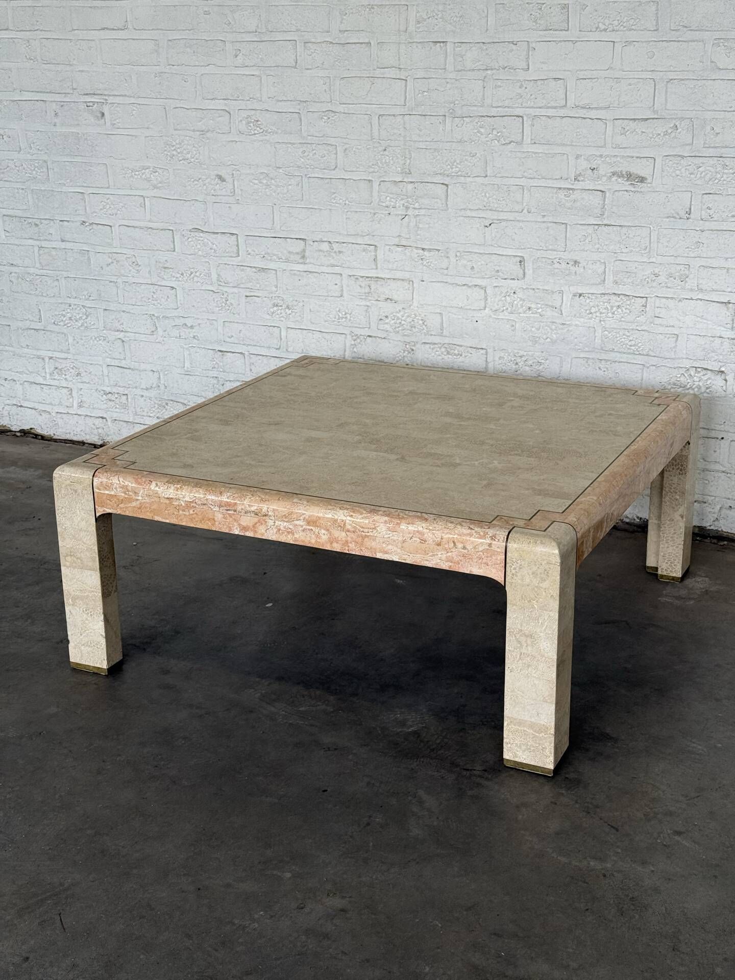Tessellated Stone & Brass Inlay Coffee Table — Mission Furniture, 1989