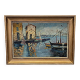 Peinture impressionniste française avec vue sur le port signée Etienne, années 1920/30.