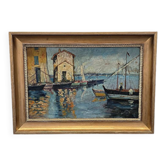 French Impressionist Painting with Harbor View signed Etienne, 1920/30s