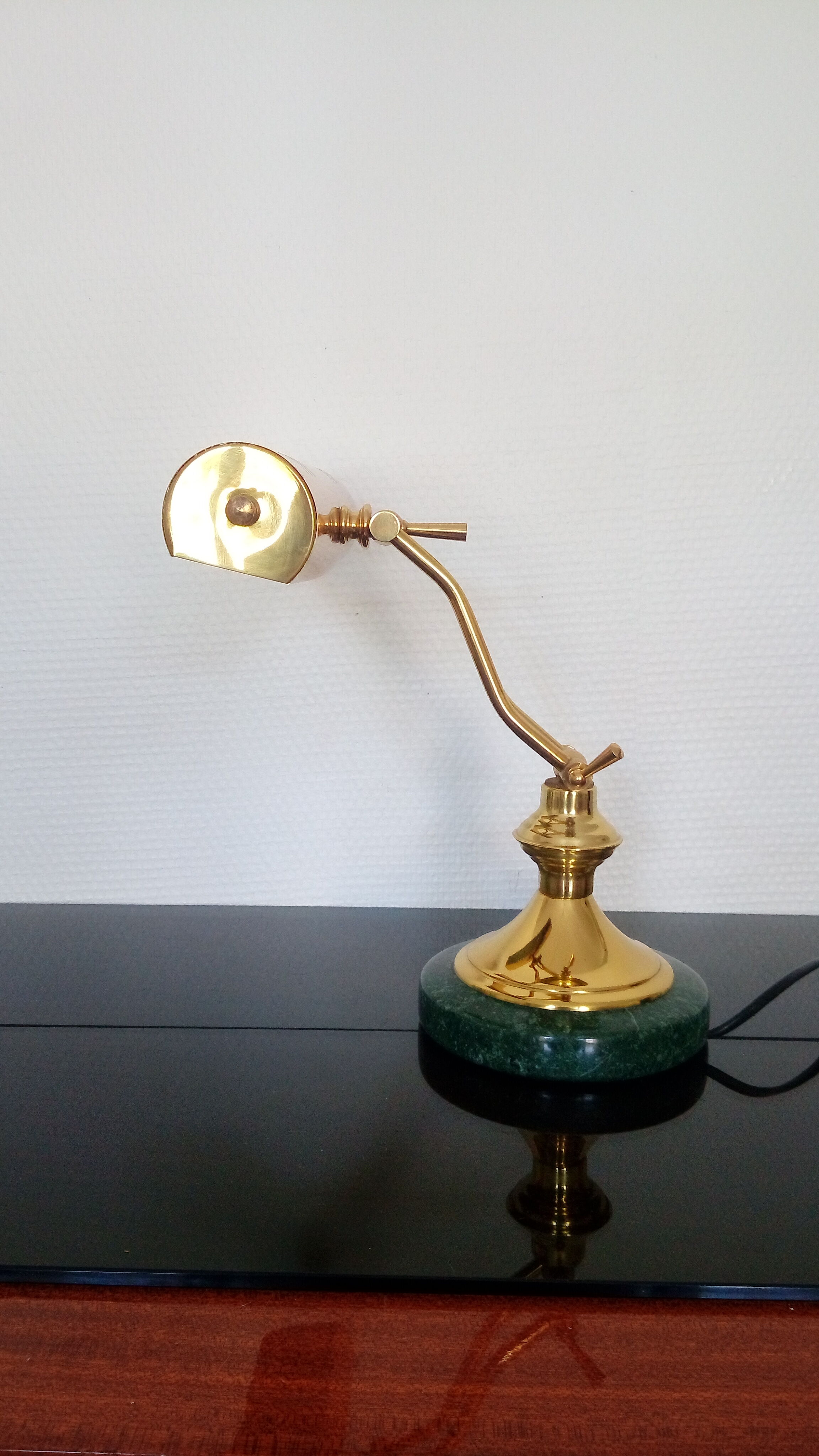 Lampe de notaire banquier ancienne laiton et marbre vert années 50 -