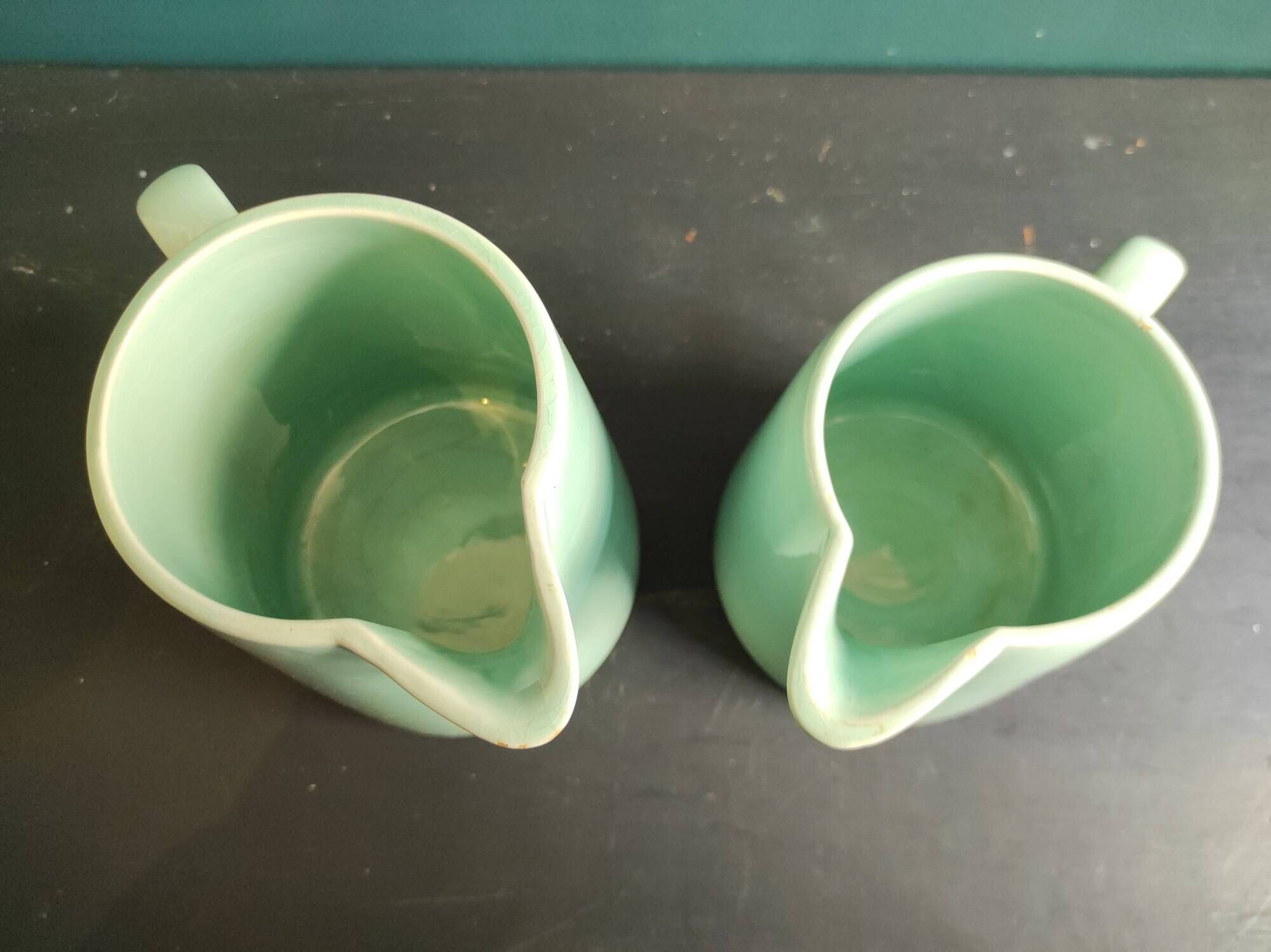 Set of two vintage French jugs in aquamarine blue