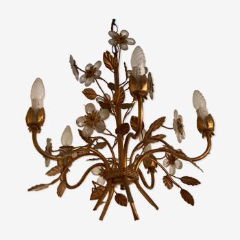 Lustre métal doré à décor de feuillage et des fleurs vers 1960
