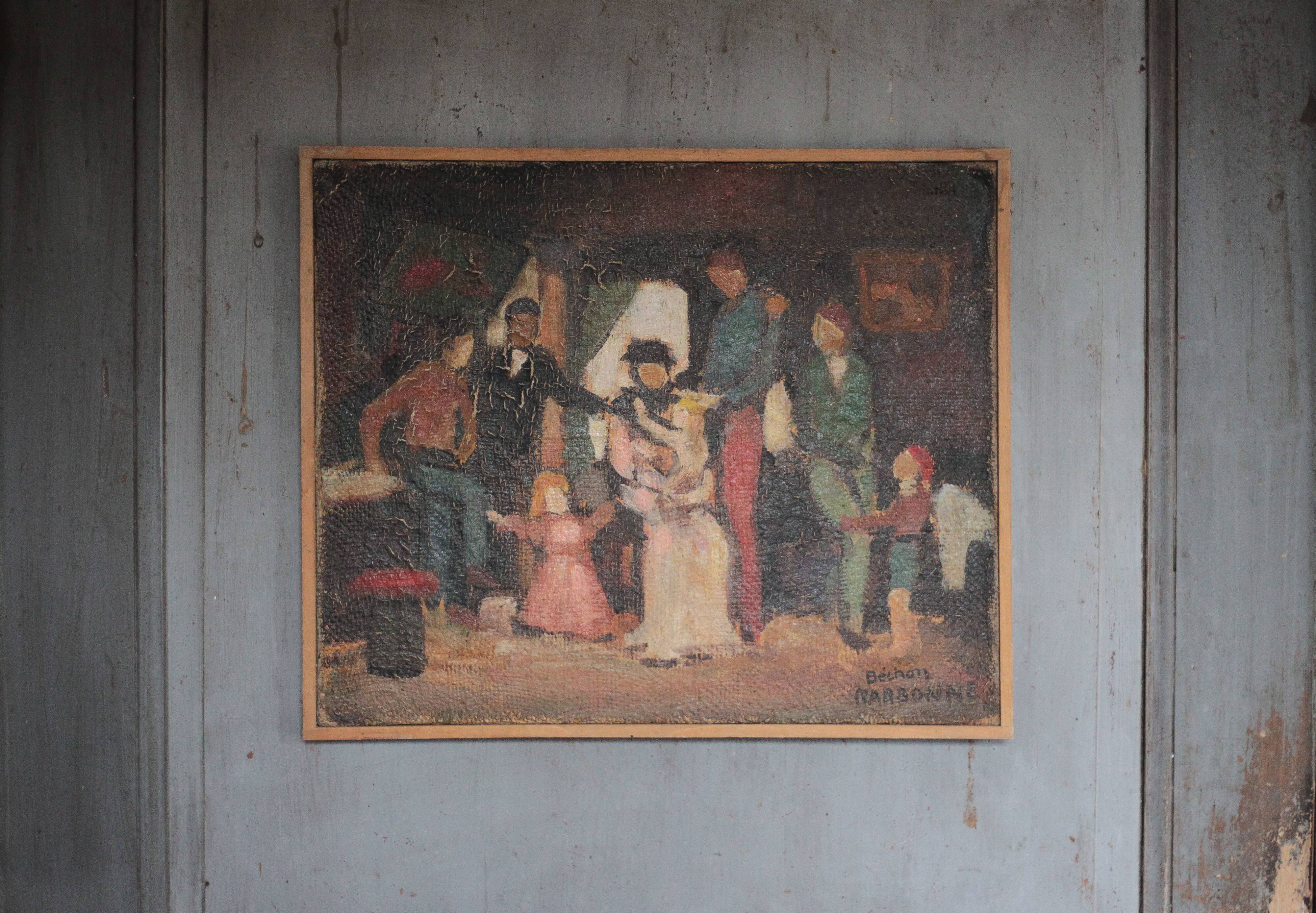 Painting signed Béchon-Sauzeau, oil on canvas, scene of characters.
