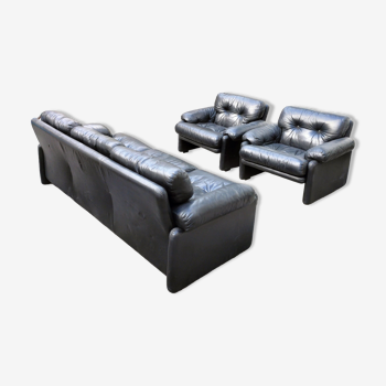 Canapé en cuir noir avec deux fauteuils