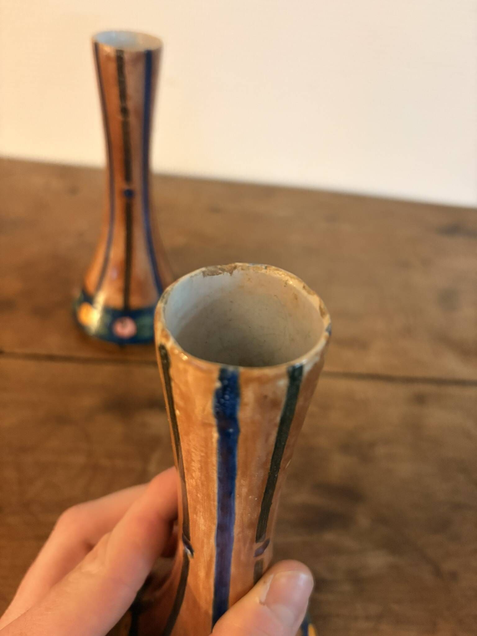 Pair of Soliflore Vases Faience HB Quimper Art Deco Decor 1930 Signed