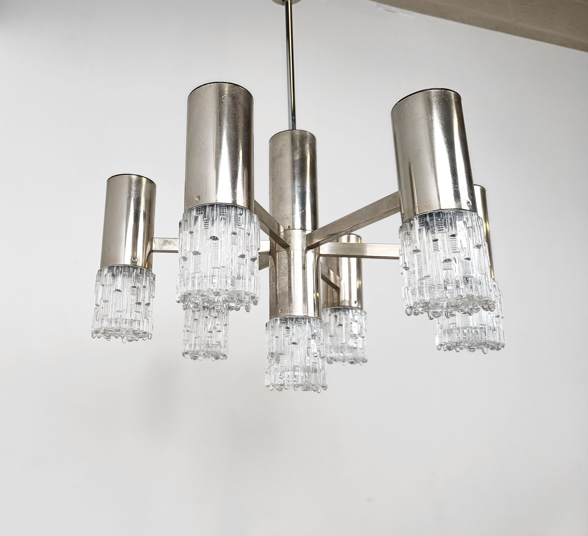 Lustre en chrome et verre, années 1970