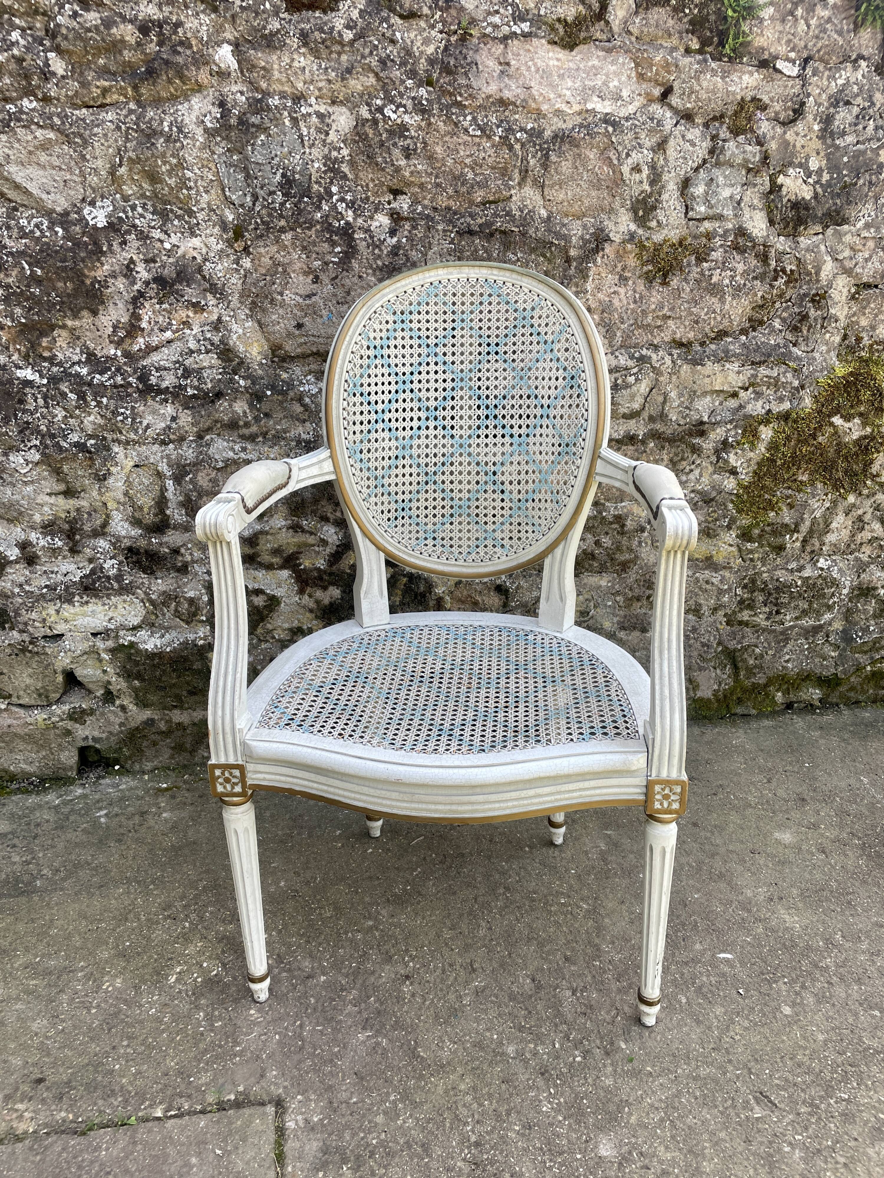 White and blue caned medallion armchair Louis XVI