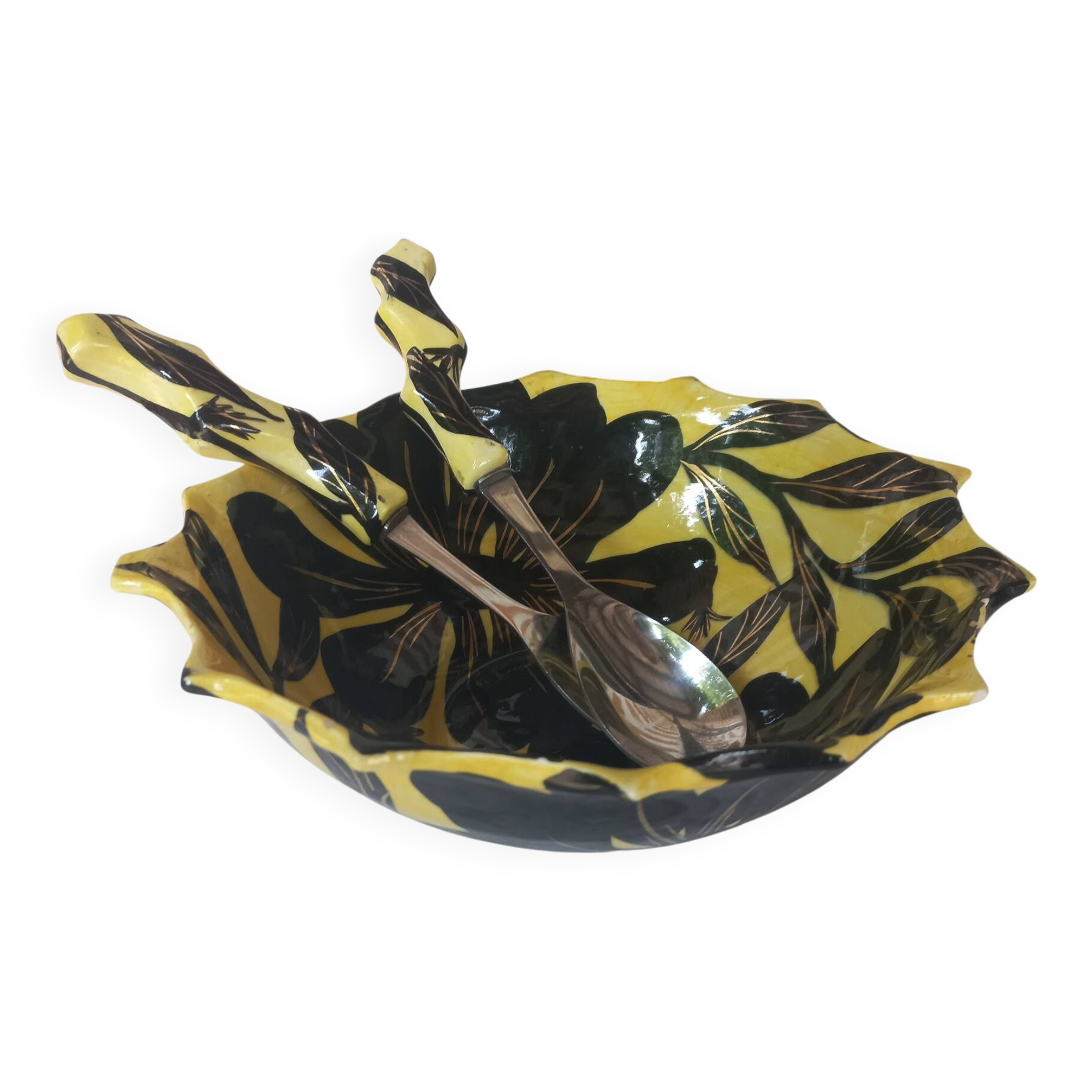 Vallauris salad bowl and serving utensils, signed Fase