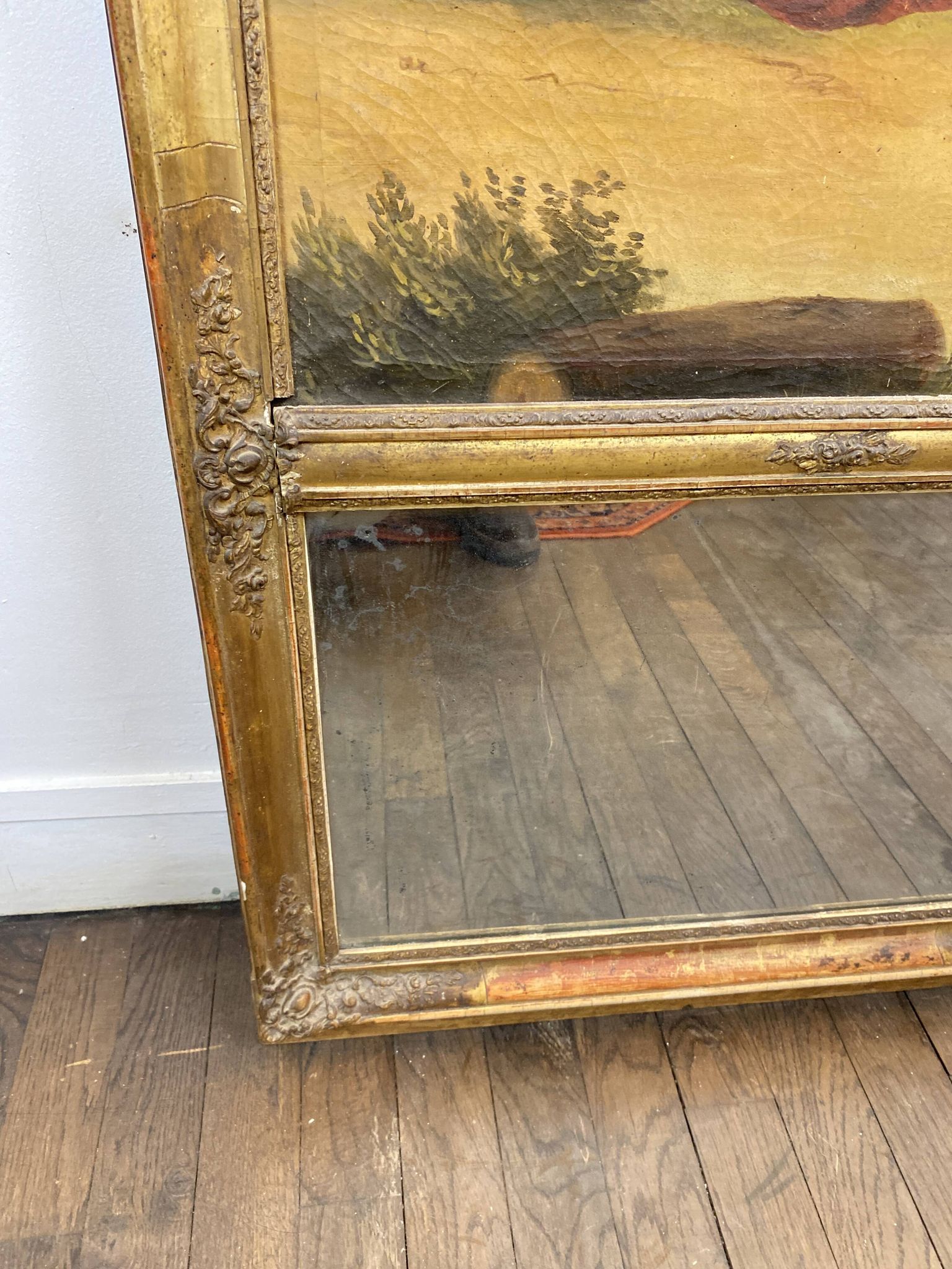 19th century gilded wooden trumeau with romantic scene - 69cm x 140cm