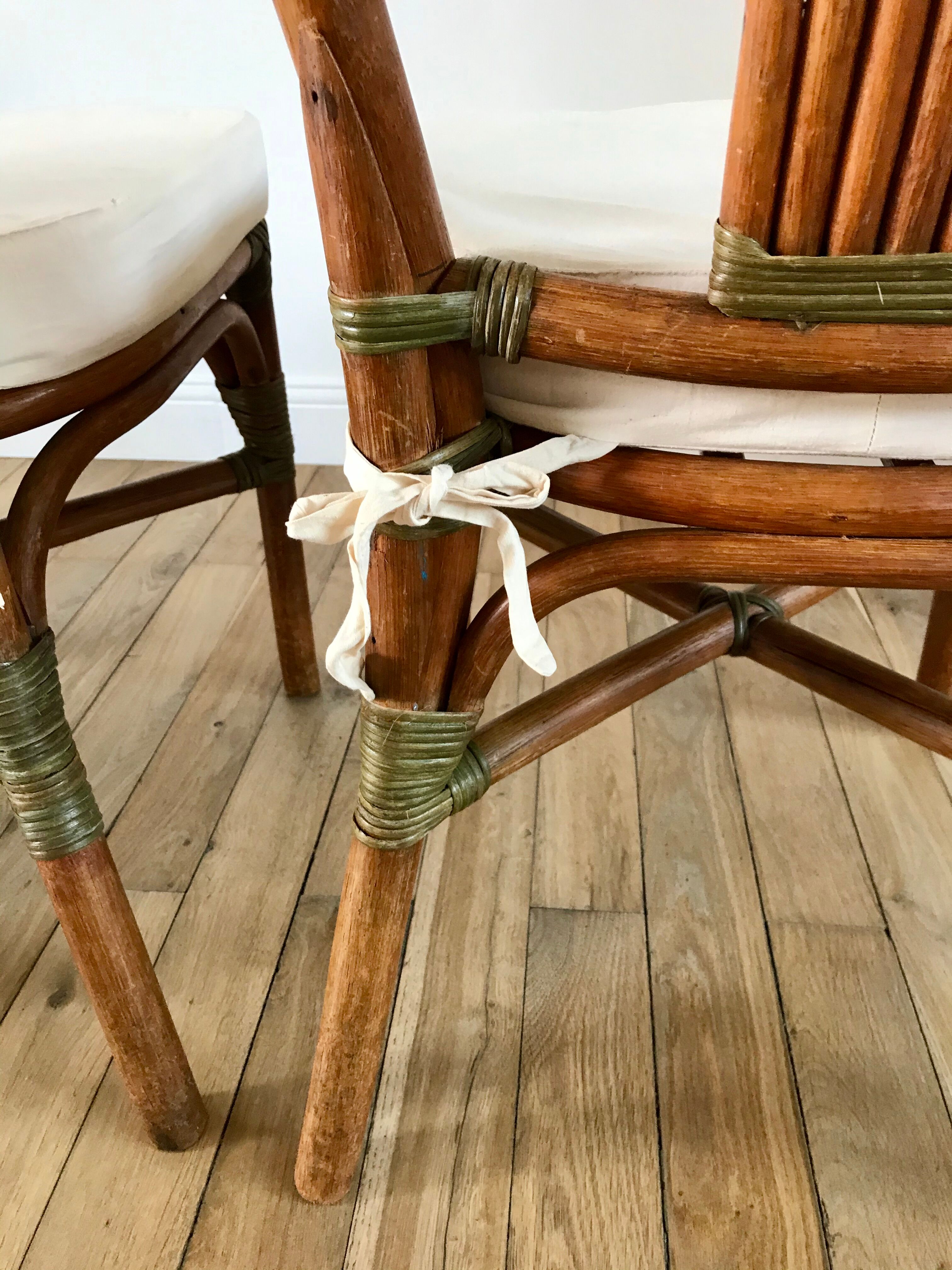 Set of 3 rattan / bamboo chairs with cushions years 1960-1970