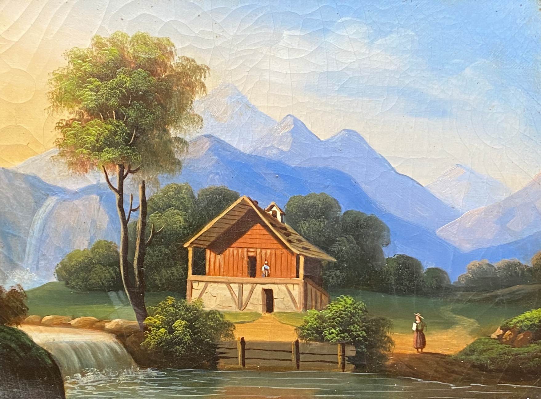 Table HST "Mountain landscape at the lively waterfall" XIX° + frame