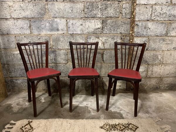 6 Chaises baumann bistrot troquet parisien bois de hêtre et skaÏ rouge - ancien et vintage