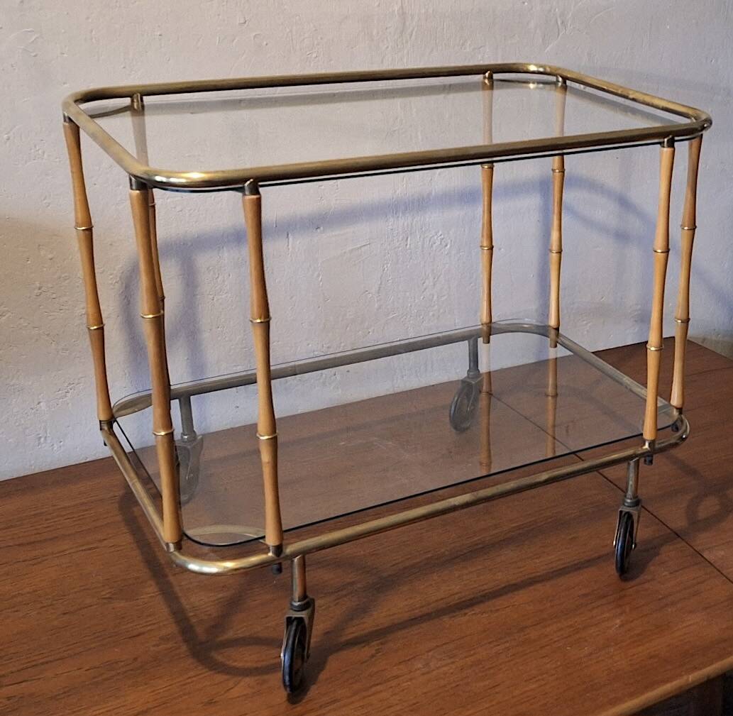 Faux bamboo cocktail trolley bar cart attr. Maison Jansen, France 1950s-60s