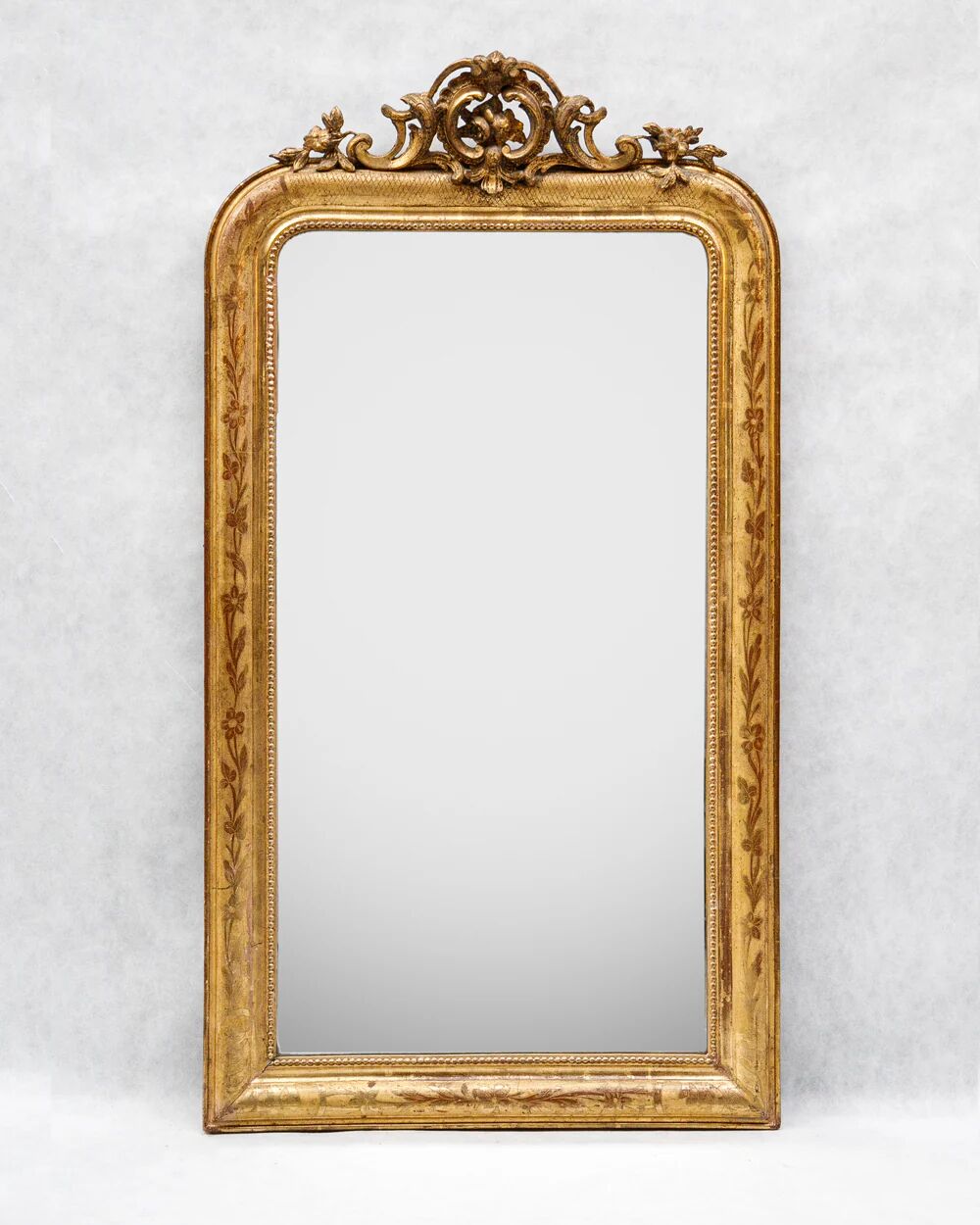 19th C Louis Philippe mirror with ornate rose crest