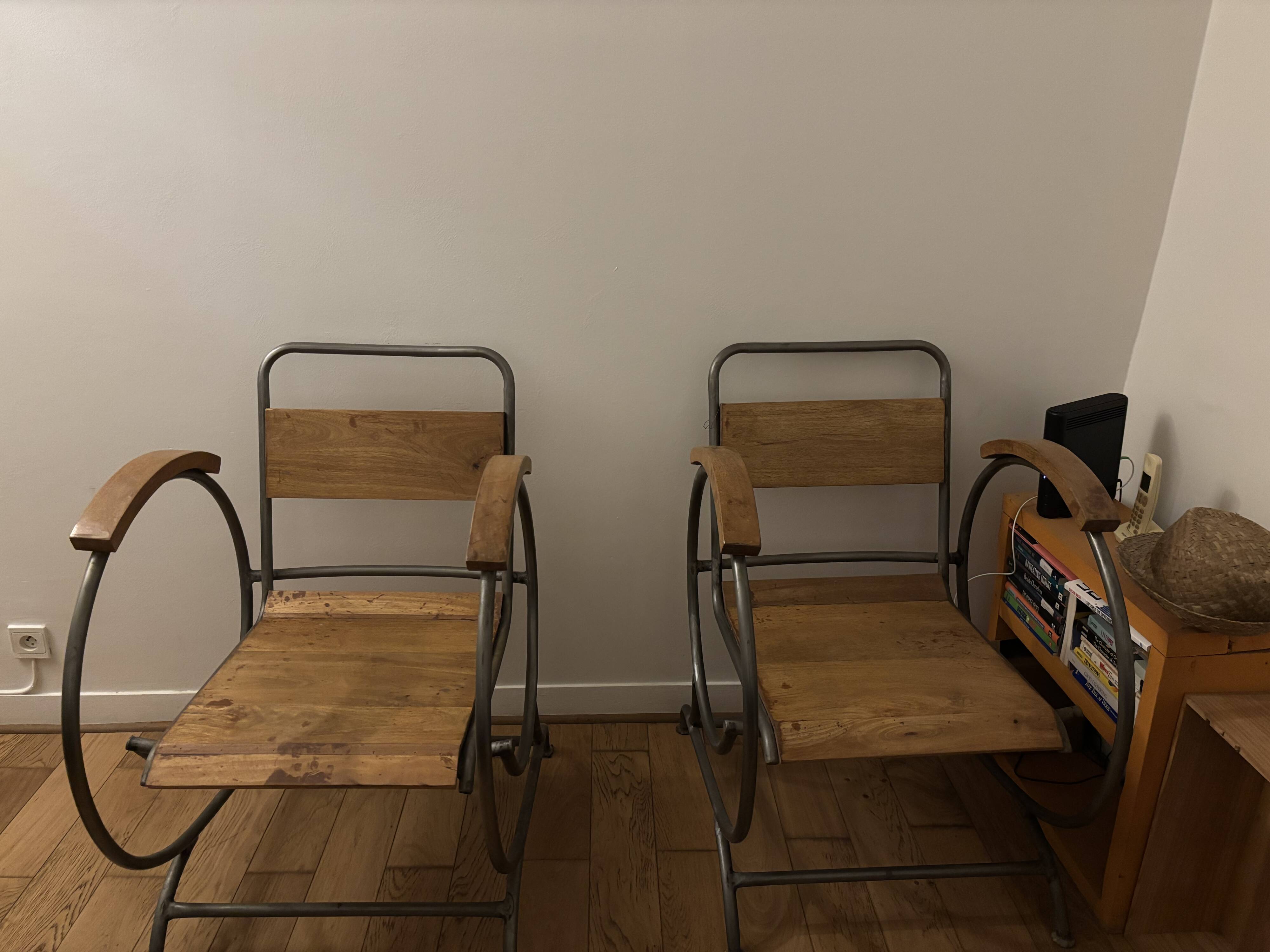 Wooden and metal armchairs