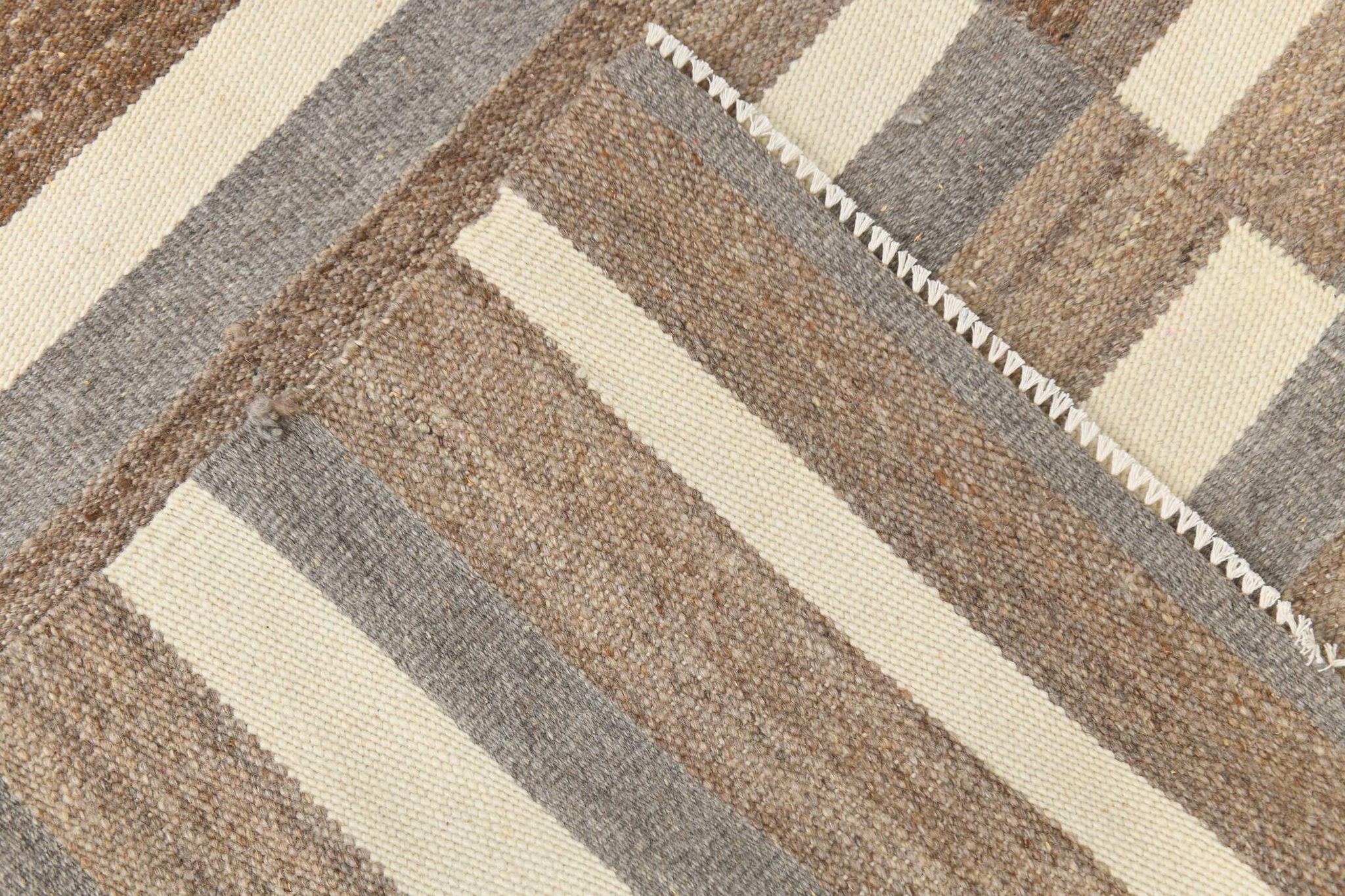 Contemporary Brown & Beige Striped Motifs Vintage Kilim Rug, 226x306Cm