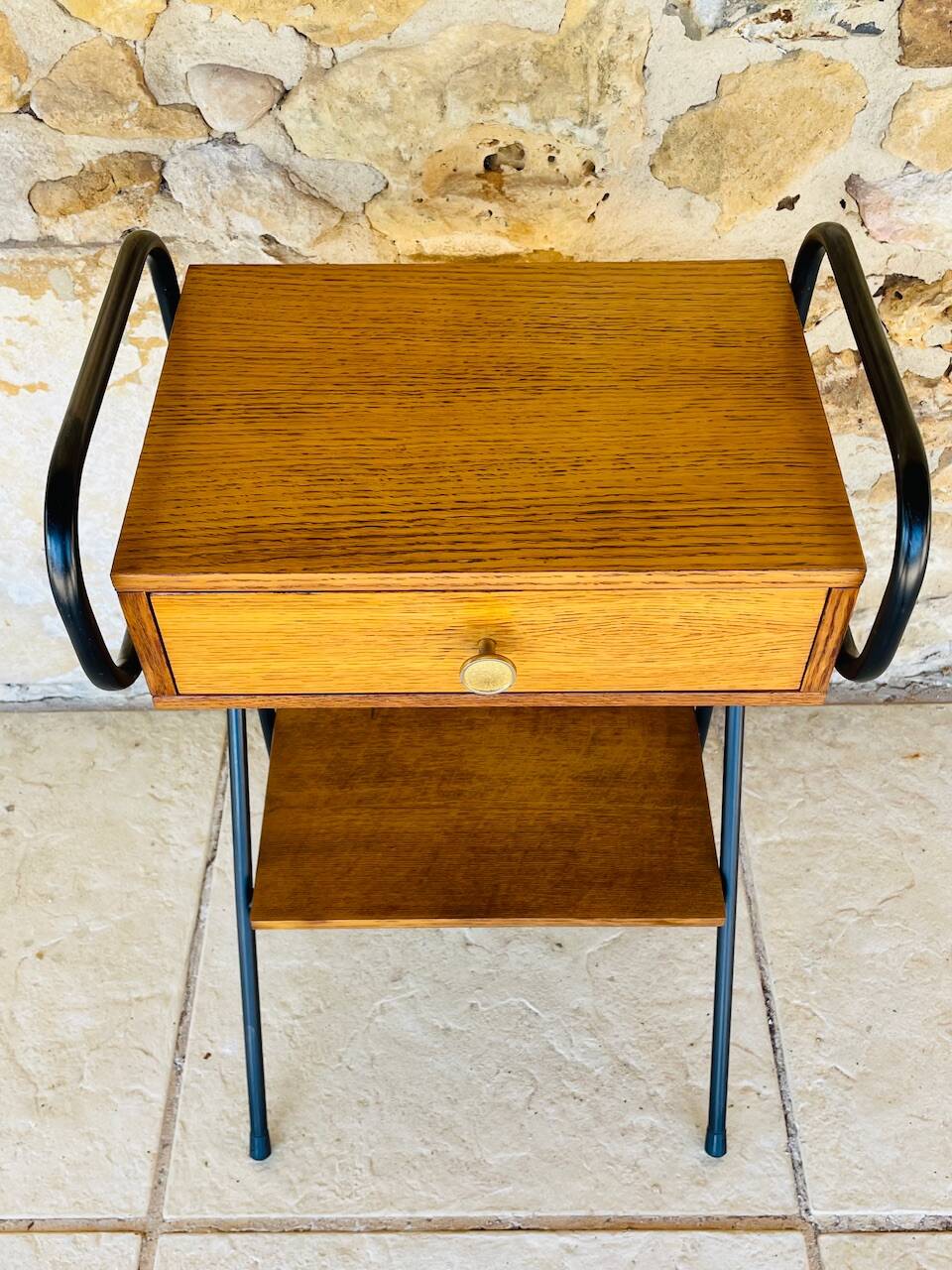 Vintage oak bedside table with black metal legs circa 50s/60s