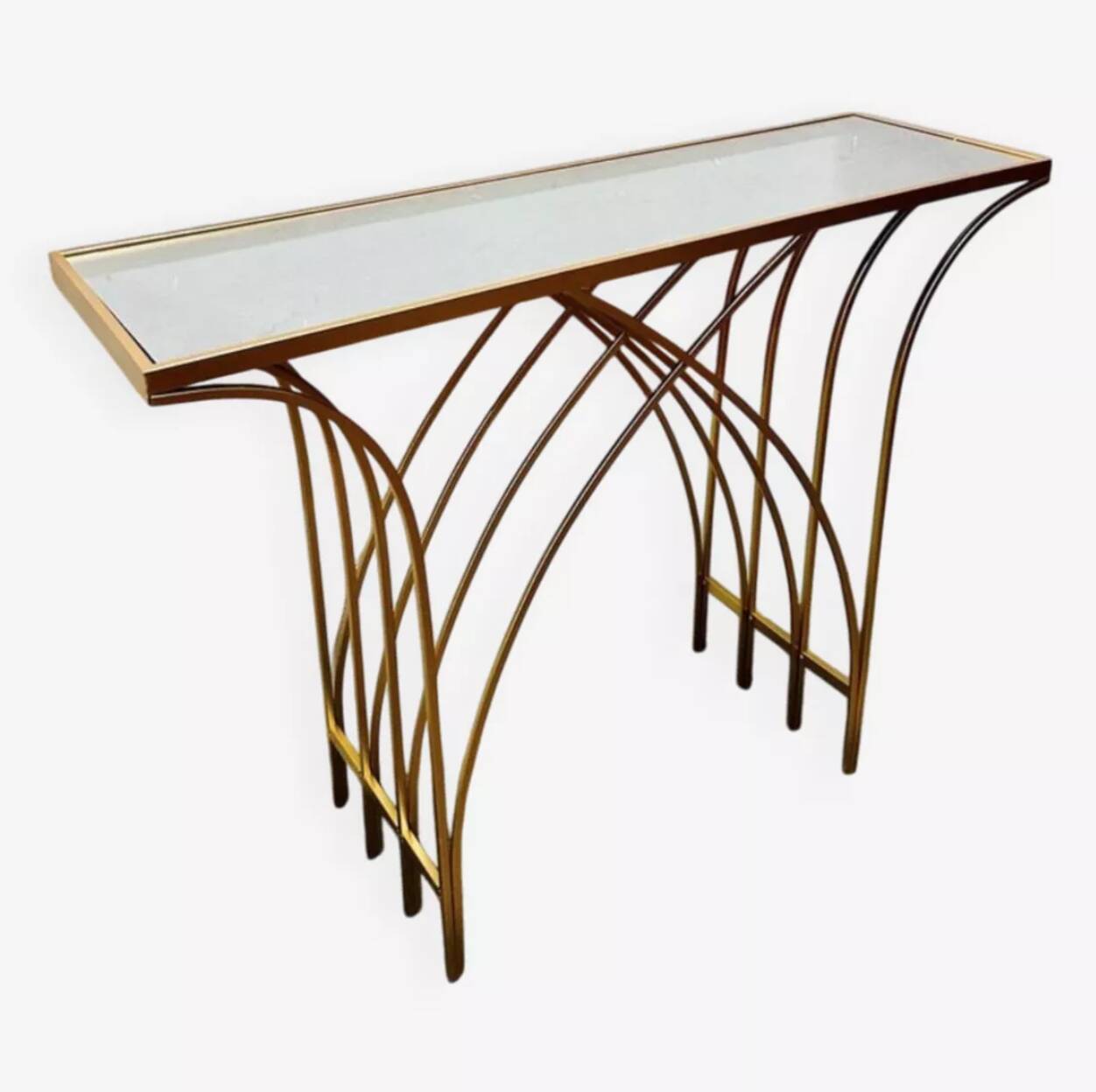 Consolle in ferro dorato con piano in specchio – Italia, anni '80