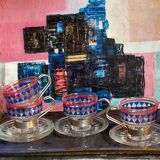 Four vintage coffee cups screen printed glass and metal