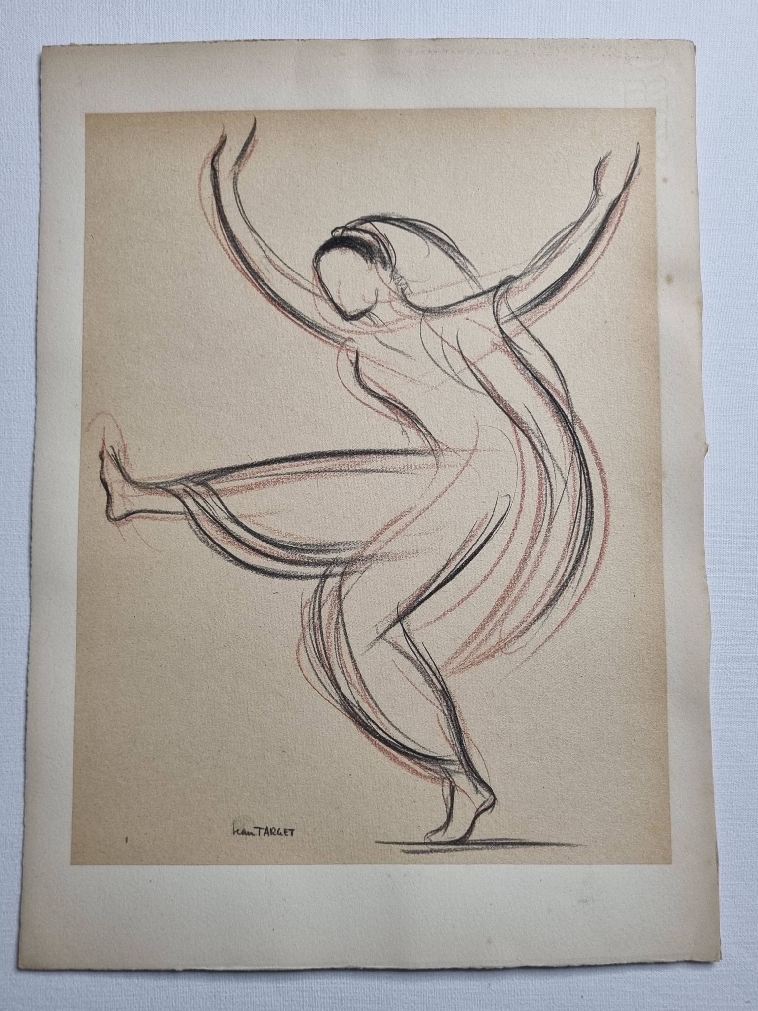 Danseuse orientale en bichromie, pastel original signé de Jean Target, années 50, 28 x 38 cm