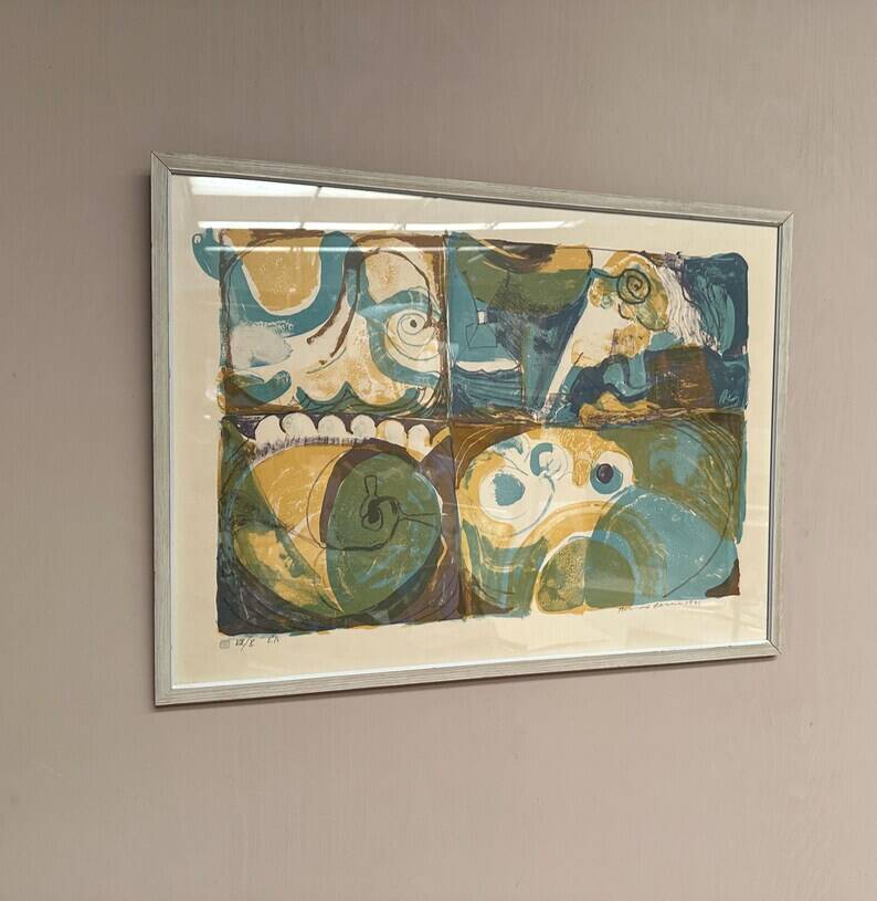 Large Original Swedish Graphic Sheet – "Composition" by Thormod Larsen – 1971 – Vintage and Framed – 79 × 59 cm (31.1" × 23.2")