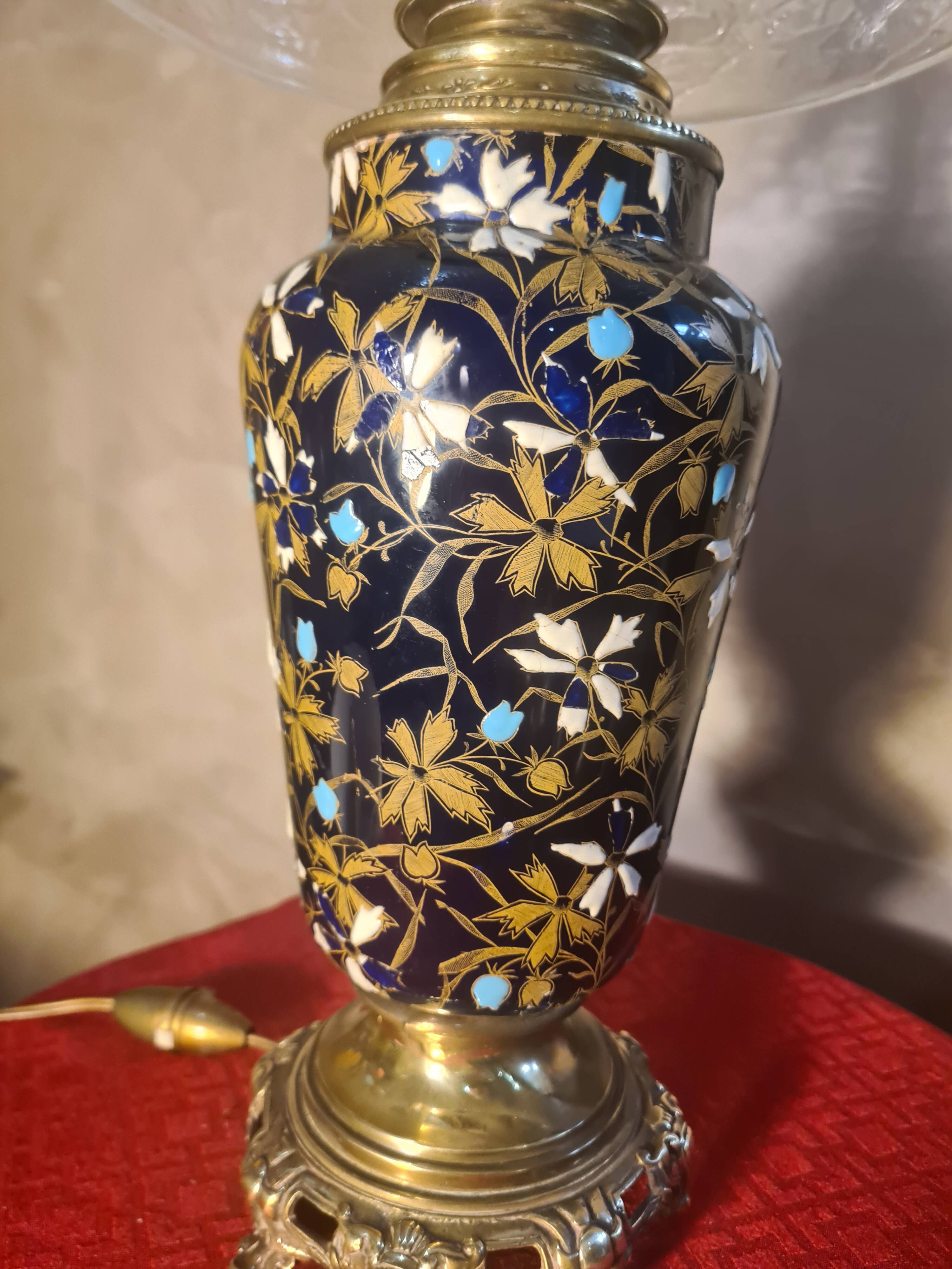 ceramic lamp in Gien style, and bronze, 54x25 with glass shade