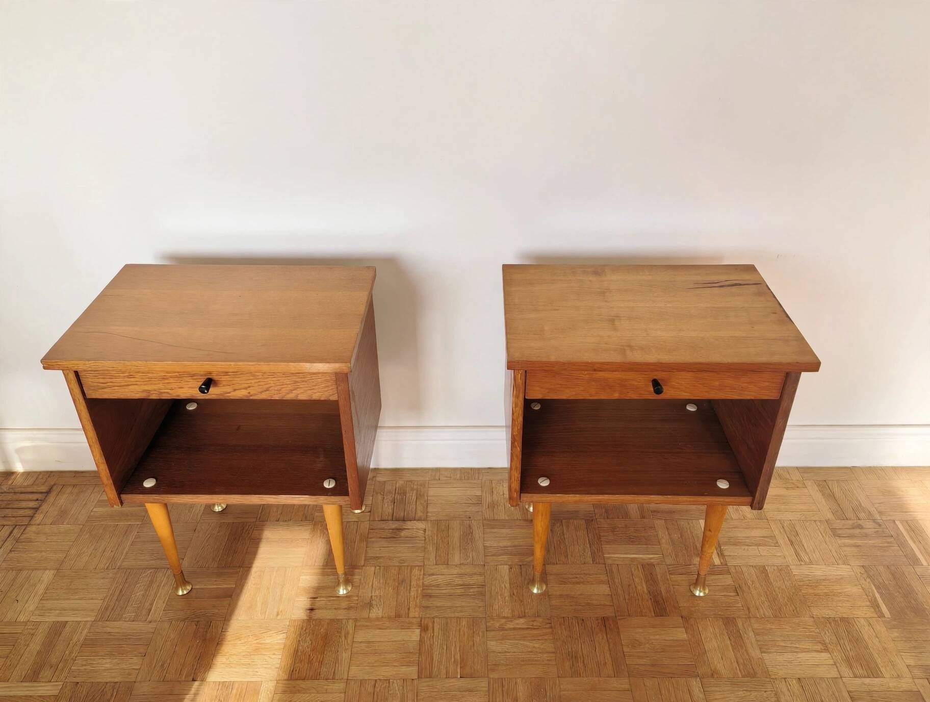 Pair of Vintage Mid-Century Nightstands in Walnut & Brass - 8 Bell Feet -