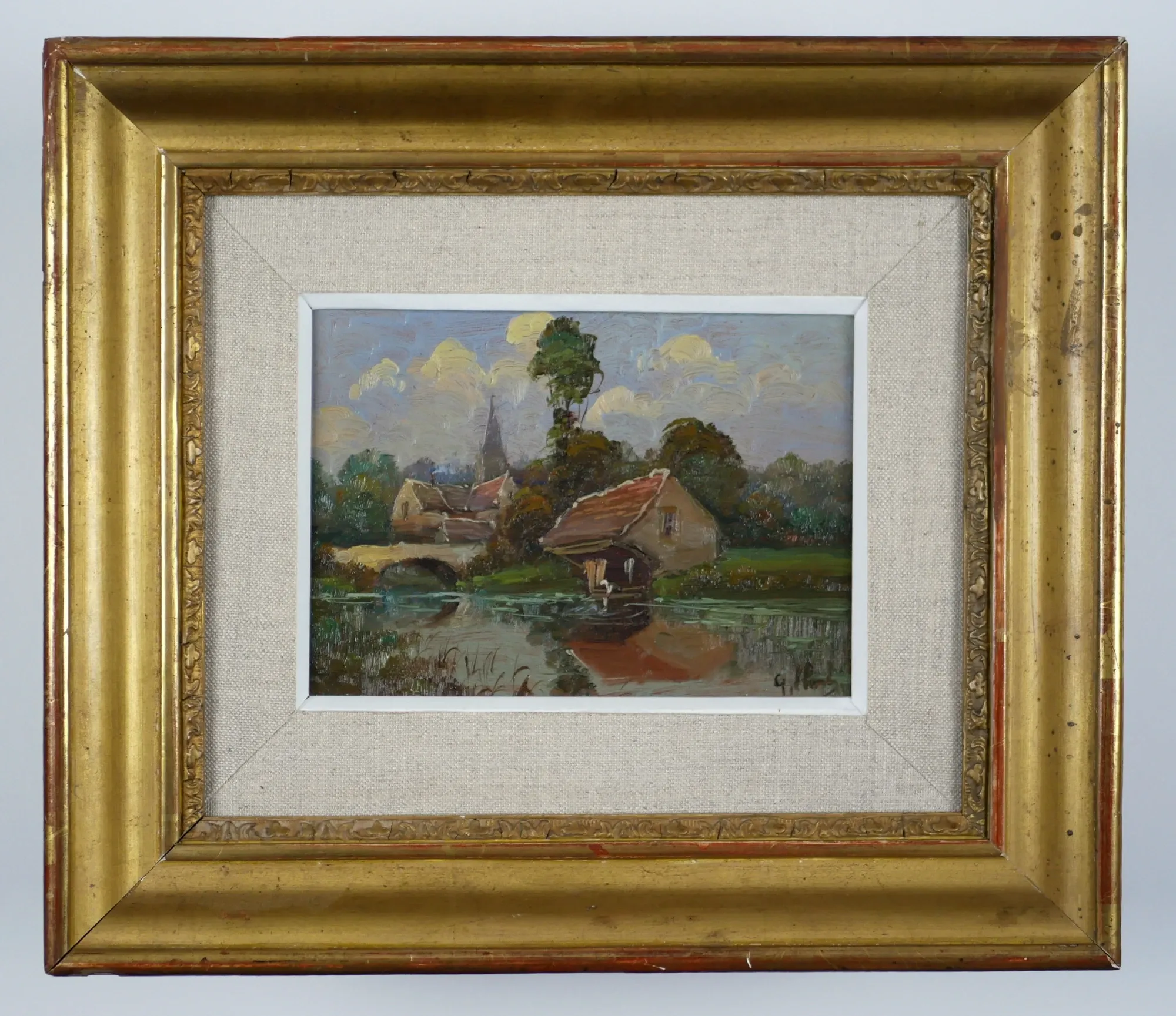 Washerwoman at the washhouse - Old oil painting signed Gilbert