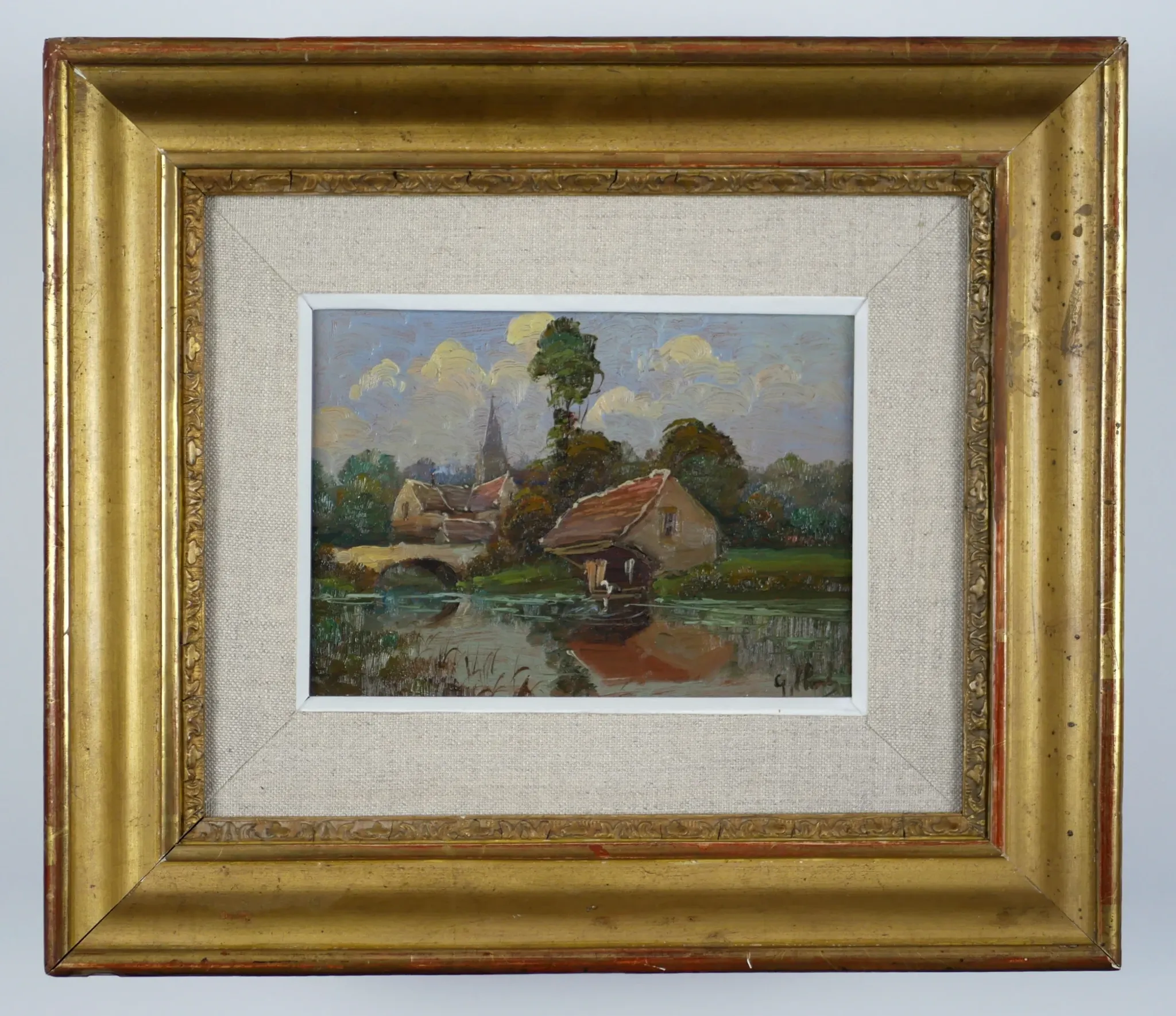 Washerwoman at the washhouse - Old oil painting signed Gilbert