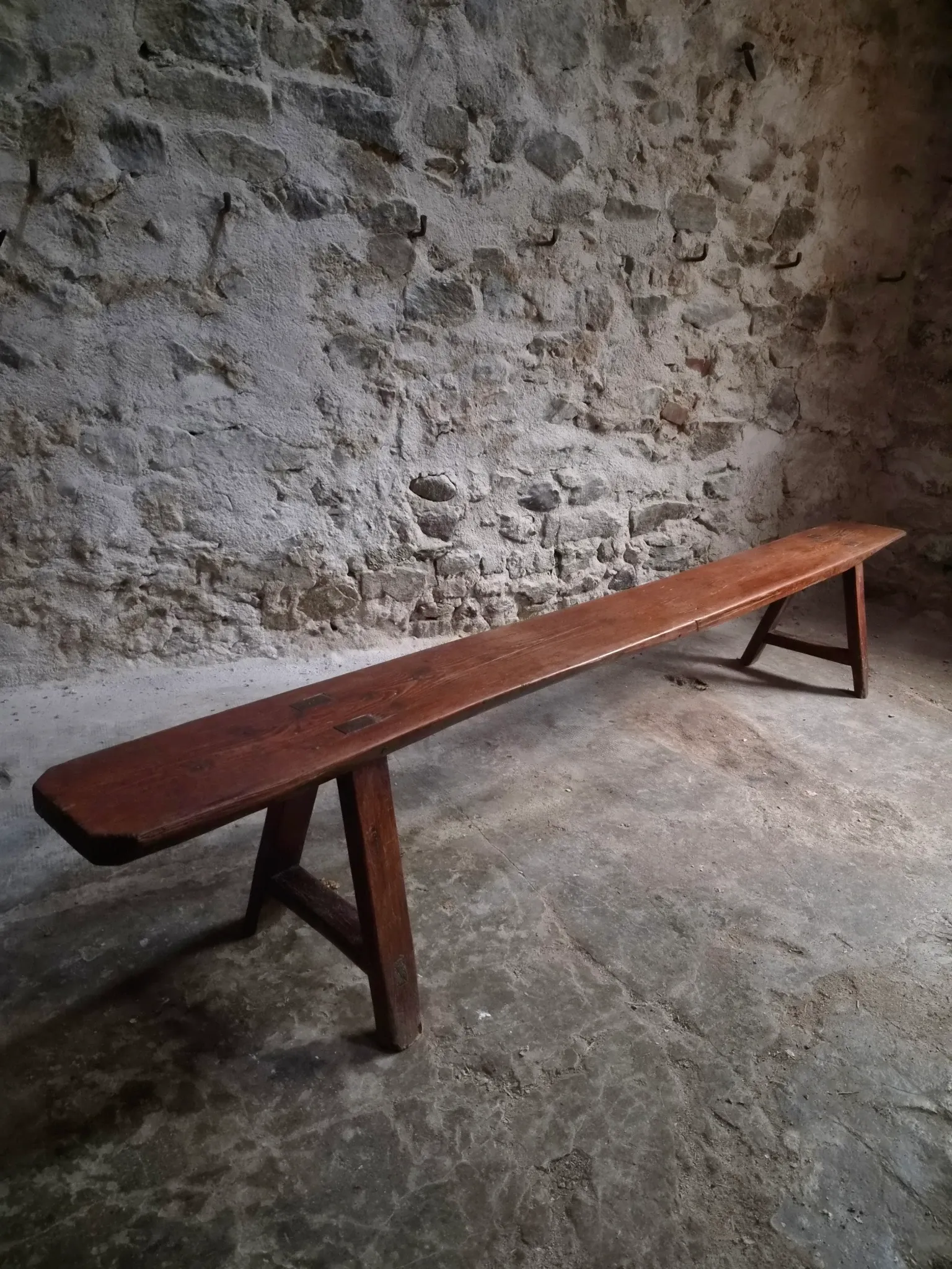Antique farmhouse bench, 266 cm – oak and pine, 19th century, France
