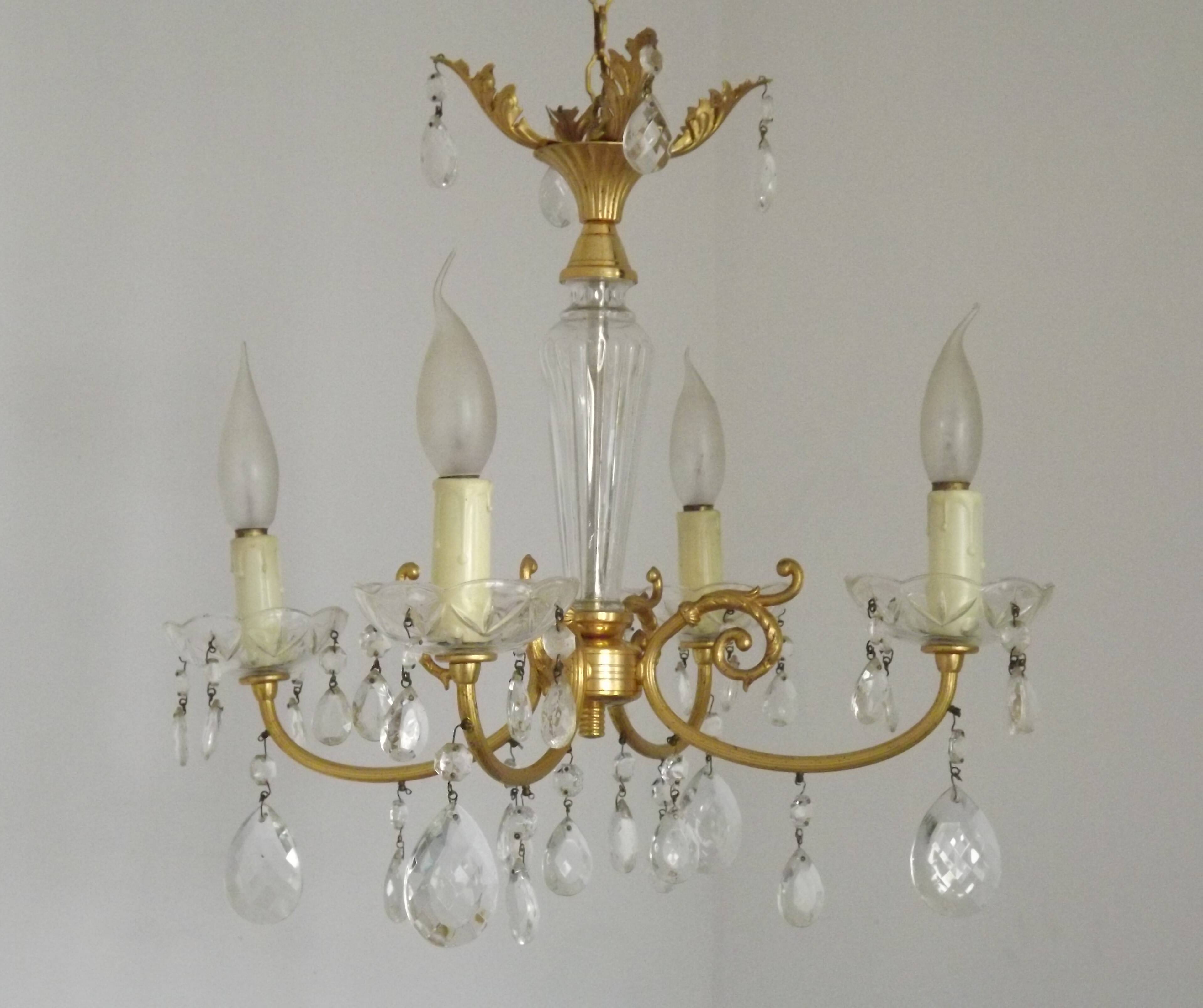 Mid-century brass, glass, and crystal chandelier with 4 lights 5099