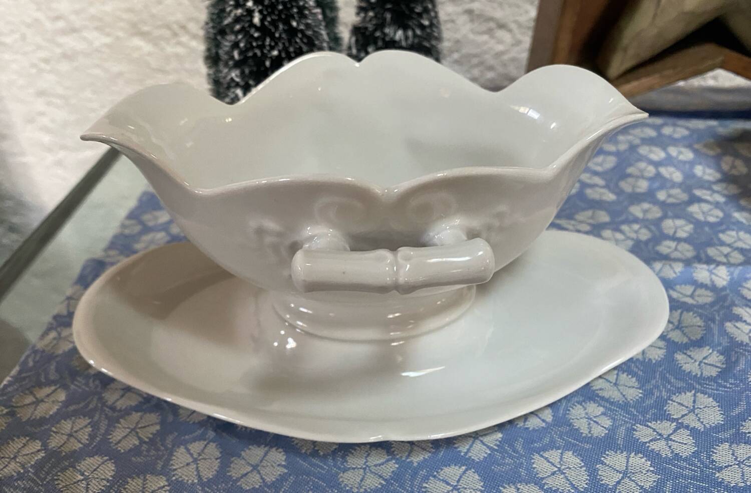 Antique porcelain gravy boat with bamboo motif