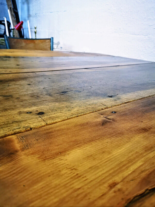 Old farm table with extension cords