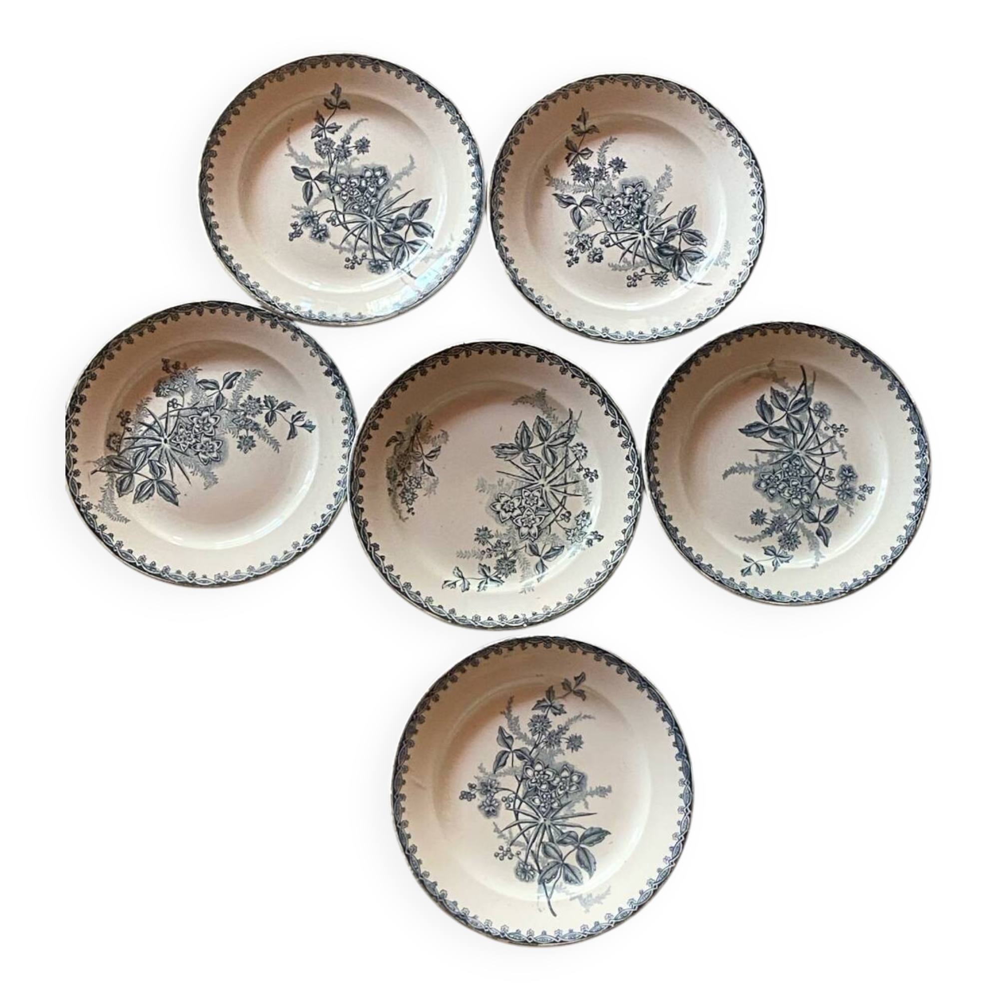 Série de six assiettes plates a dessert Terre de fer