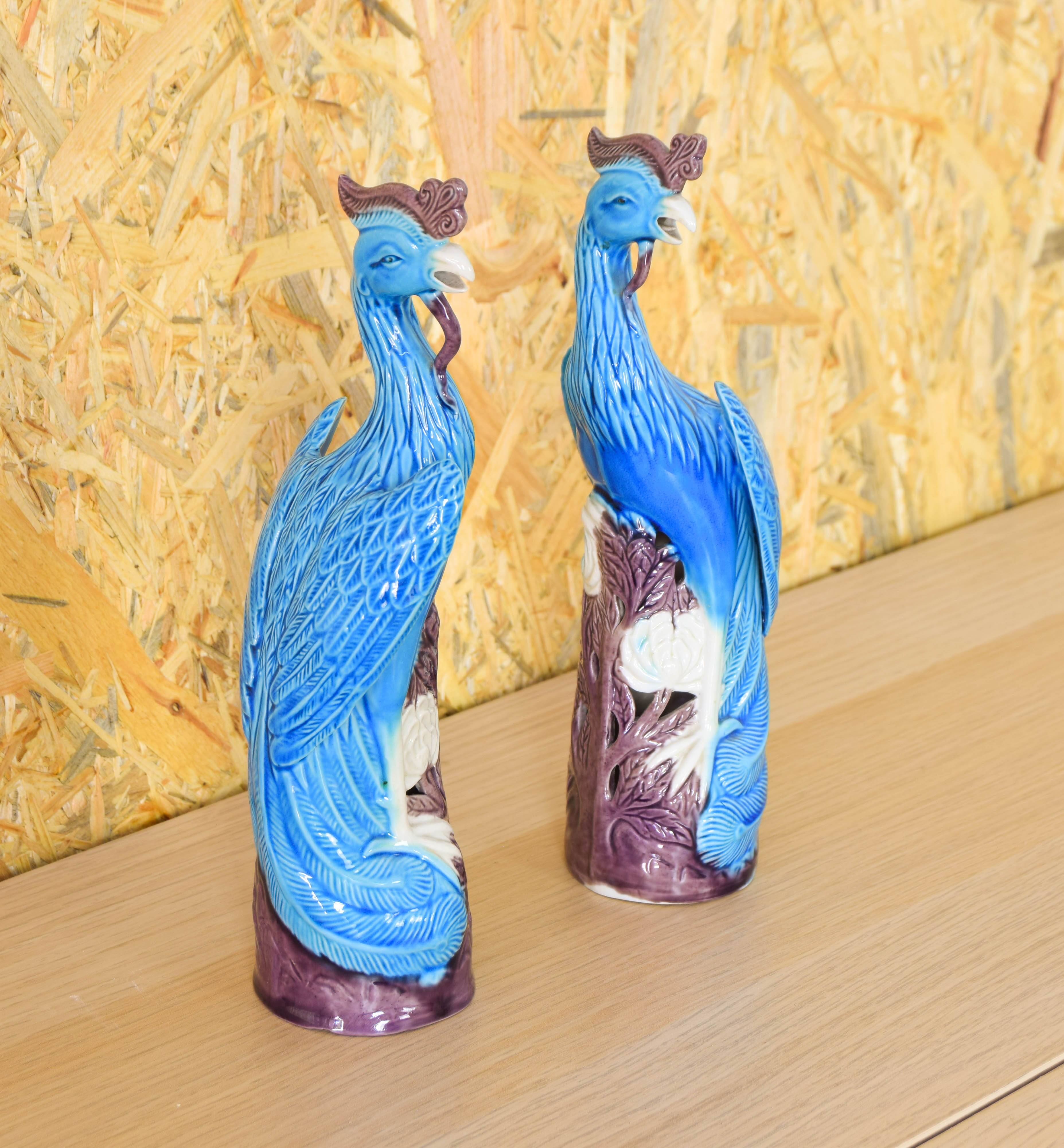 Mid Century Chinise Pair of Turquoise Porcelain Peacocks 50s