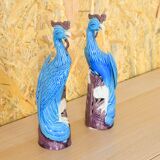 Mid Century Chinise Pair of Turquoise Porcelain Peacocks 50s