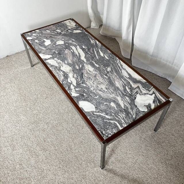 XL Midcentury modern coffee table in metal, rosewood and Arabescato marble, Italy, 1970.